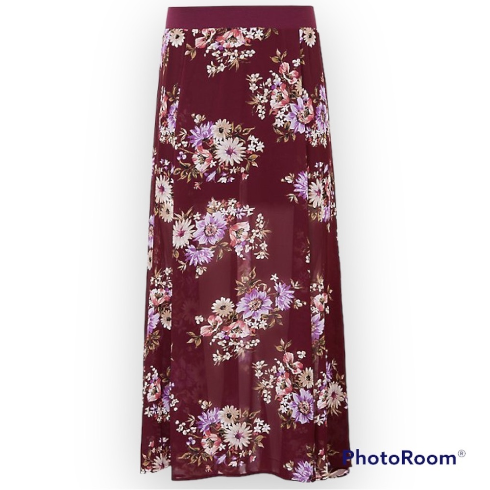TORRID 0 burgundy maxi chiffon high waisted skirt shorts underlay stretch waist